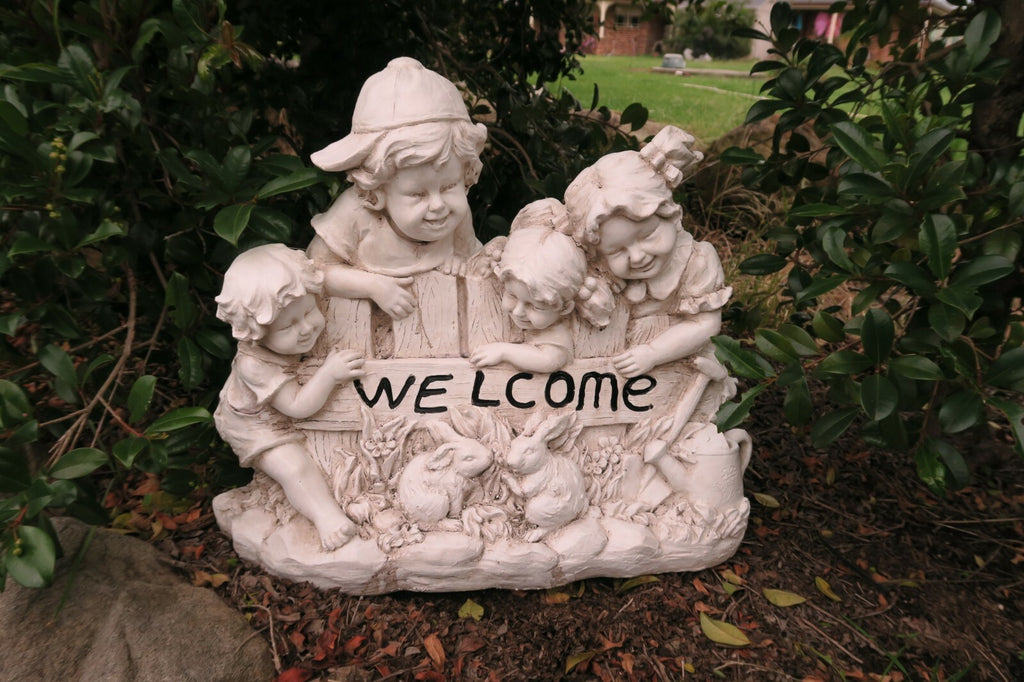 Boy Girl Welcome Garden Statue Rabbits Figurine Sculpture Ornament Children