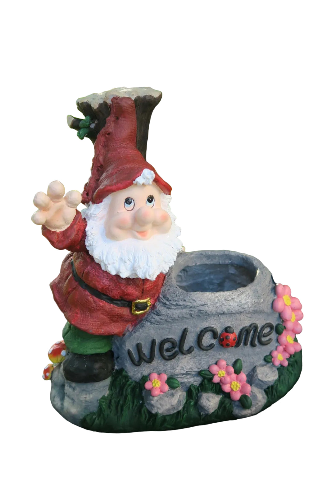 GNOME WELCOME PLANT POT PLANTER FLOWERS LADBUG WAVING GARDEN DECOR