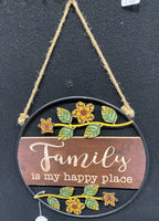 Family Is My Happy Place Wall Sign Hanging Metal 35cm x 35cm Brown