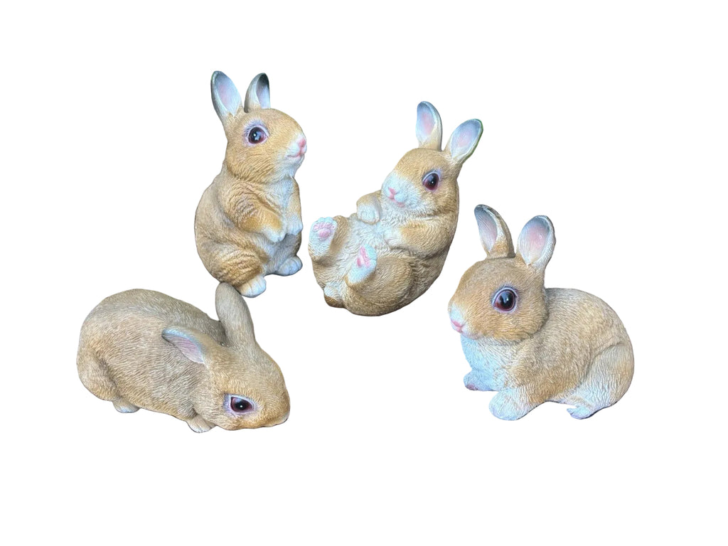 SET OF 4 RABBIT BUNNY ANIMAL GARDEN STATUE ORNAMENT FIGURINE BROWN WHITE