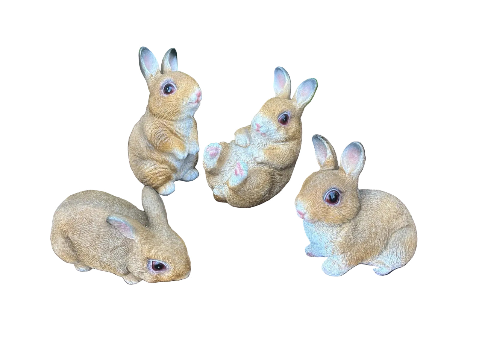SET OF 4 RABBIT BUNNY ANIMAL GARDEN STATUE ORNAMENT FIGURINE BROWN WHITE