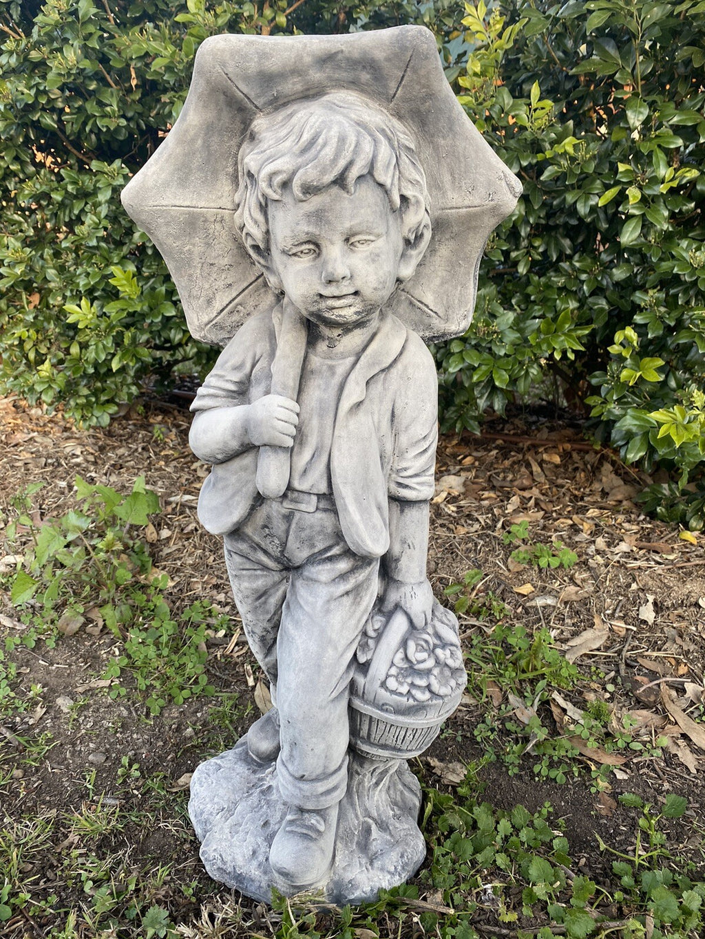 Boy Holding Umbrella Garden Statue - Pickup only