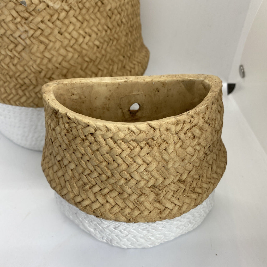 Basket Weave Wall Pots Pot Set of 2 Round Indoor Plant Succulent White Trim