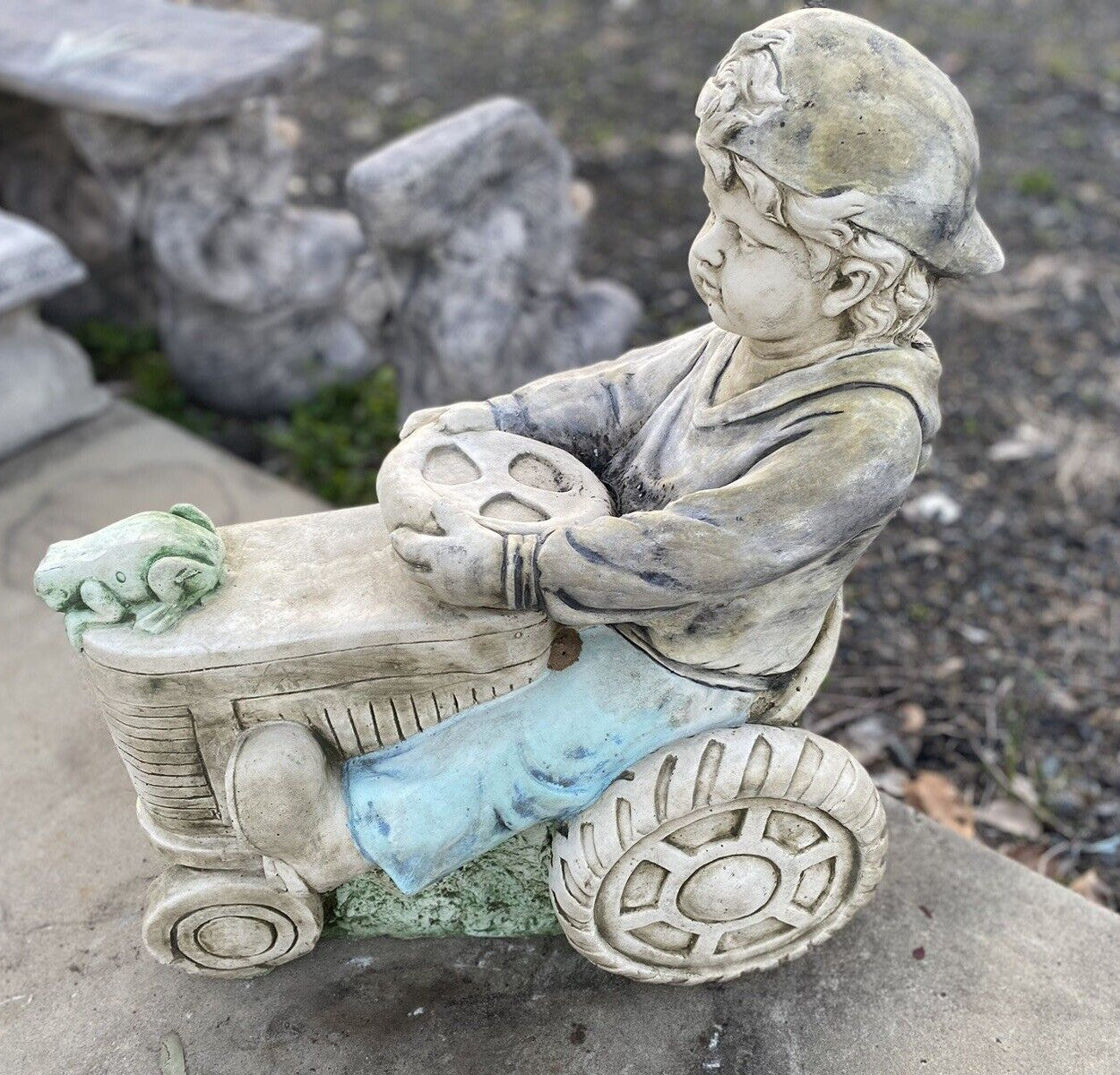 Boy On Tractor Garden Statue - Pick up Only