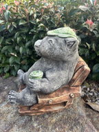 Australian Made Concrete Wombat Relaxing in Chair with a VB Garden Statue