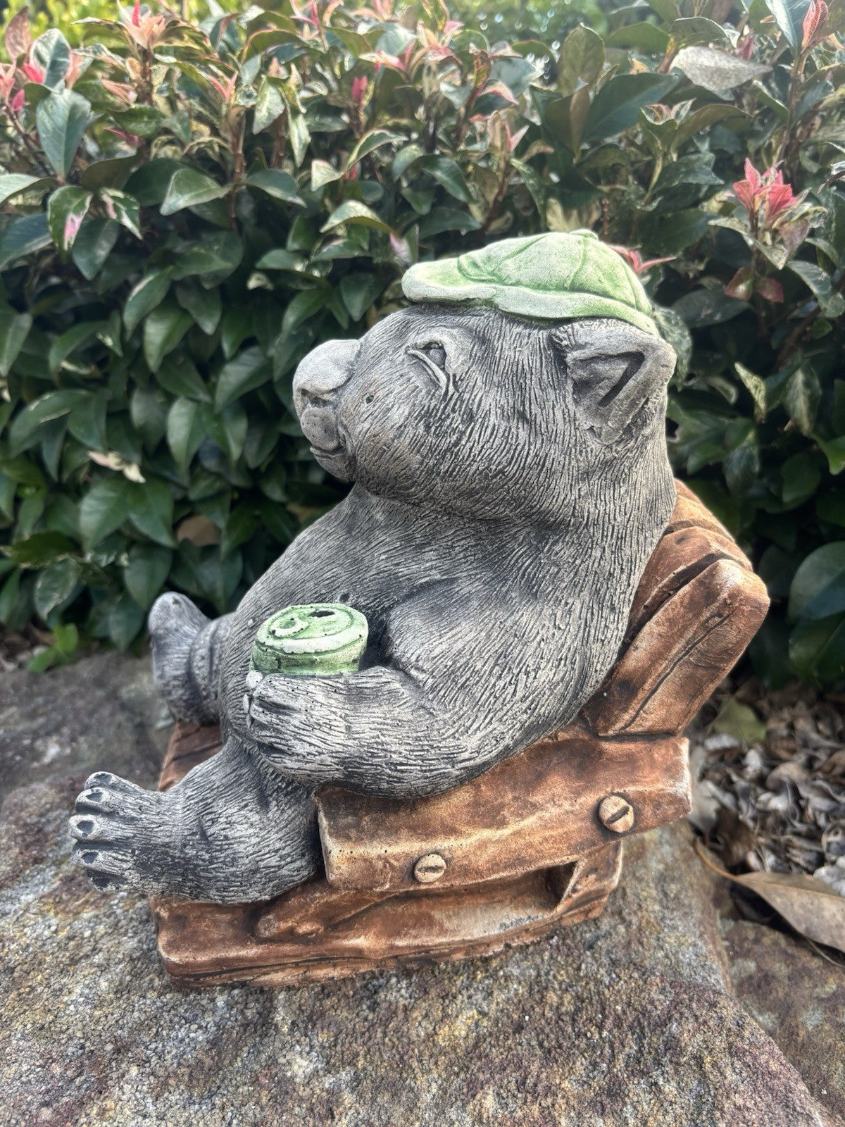 Australian Made Concrete Wombat Relaxing in Chair with a VB Garden Statue