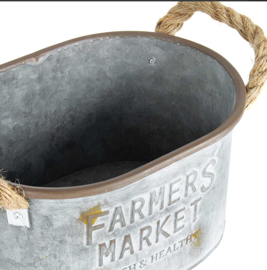 GALVANISED METAL COUNTRY FARMERS MARKET PLANTER POT TUB BUCKET SET OF 2