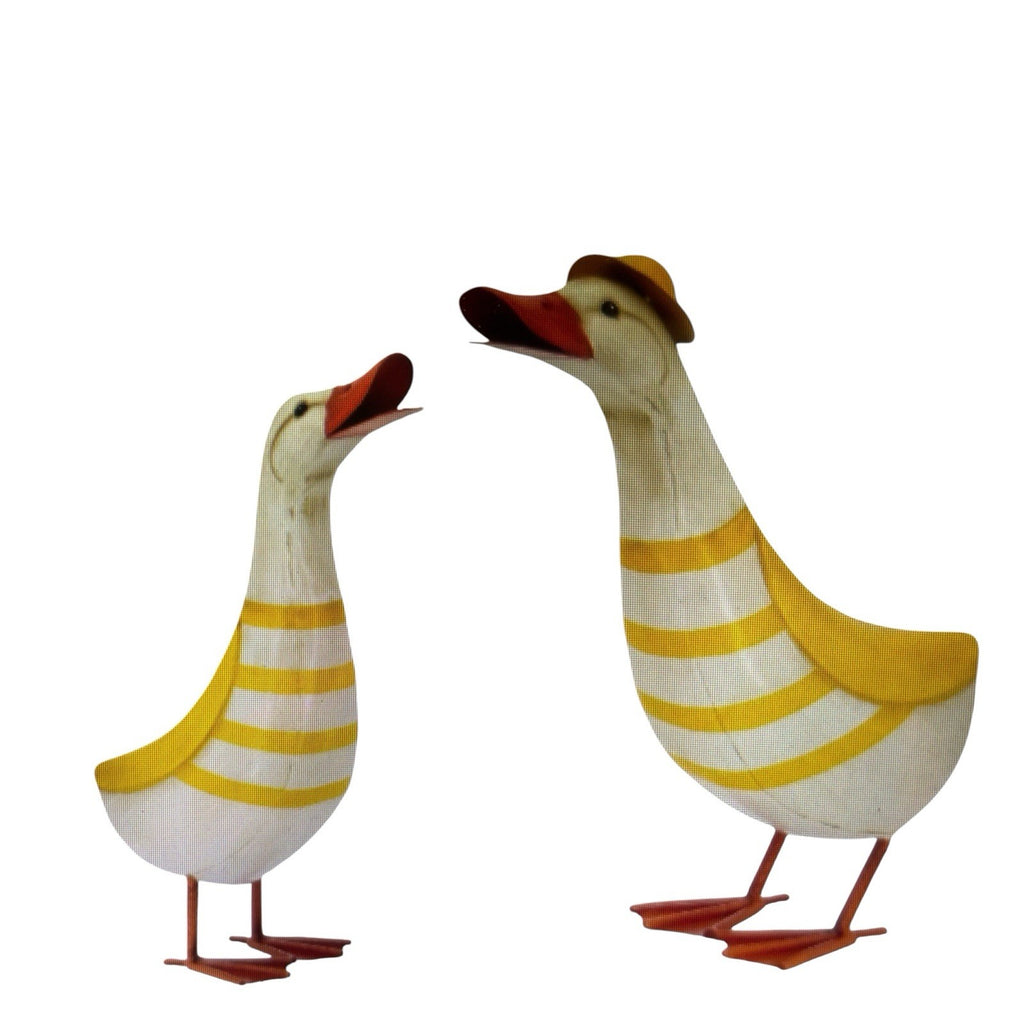 Set of 2 Metal Yellow & White Duck Garden Statues | Outdoor Decorative Ornament