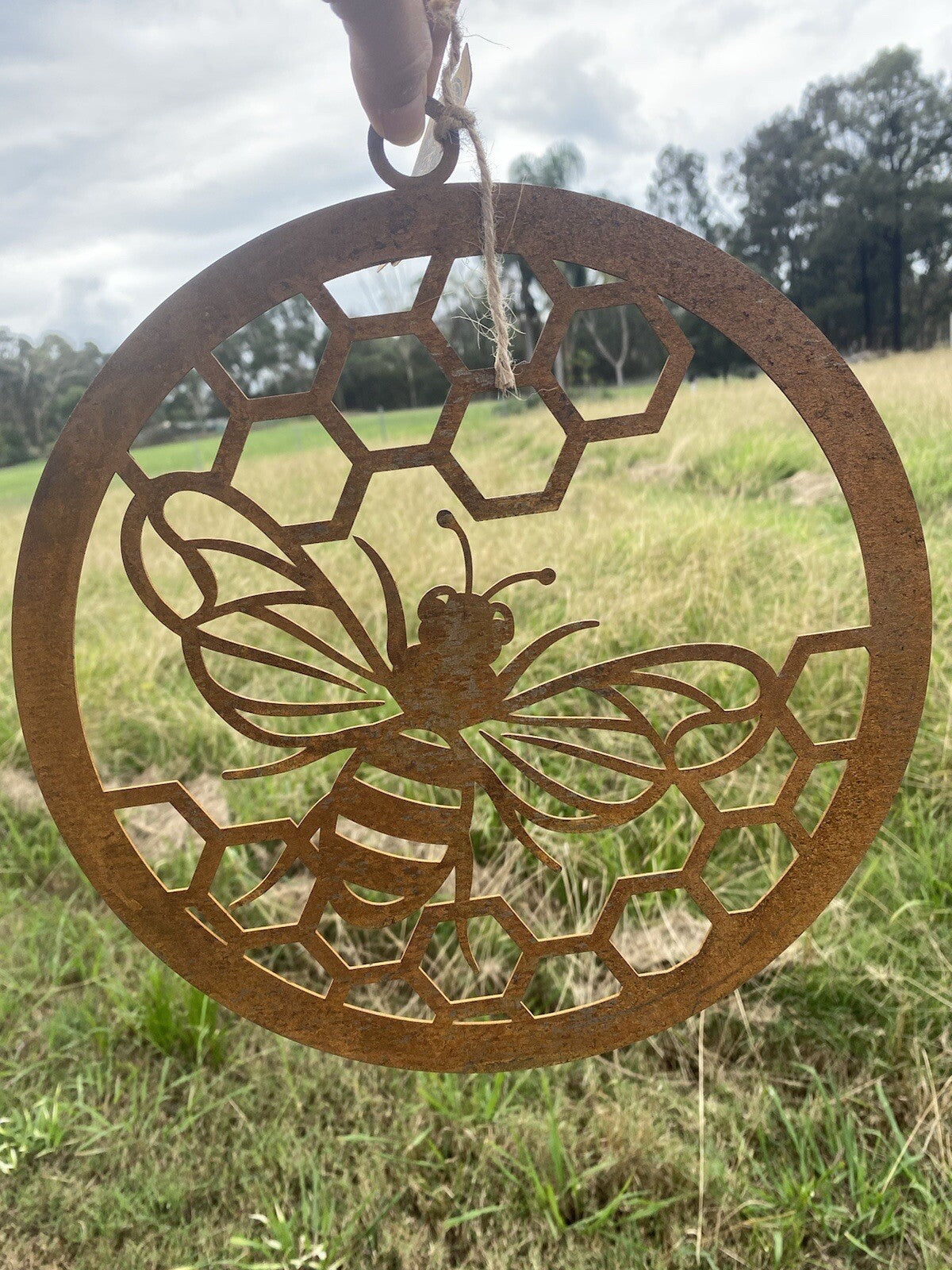 Bee Round Rust Corten Steel Metal Garden Wall Art or Hanging Ring Home 28 cm H