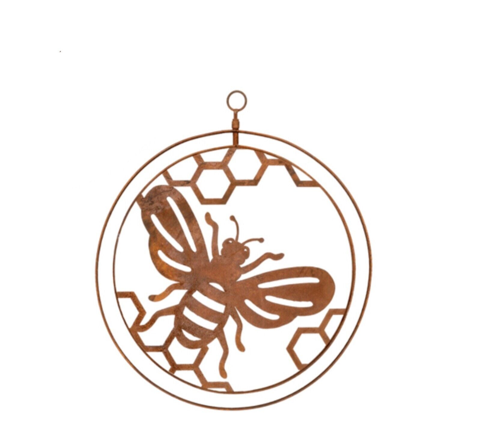 Bee on Honeycomb Hive Round Rust Corten Steel Metal Hanging Double Ring 34cm