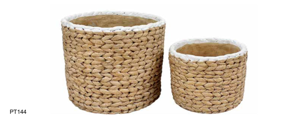 Basket Weave Cement Pots Pot Set of 2 Round Indoor Plant Succulent White Trim