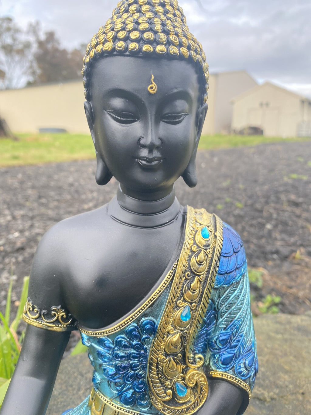 Meditating Thai Buddha In a Blue Peacock Statue Ornament Figurine Home Decor