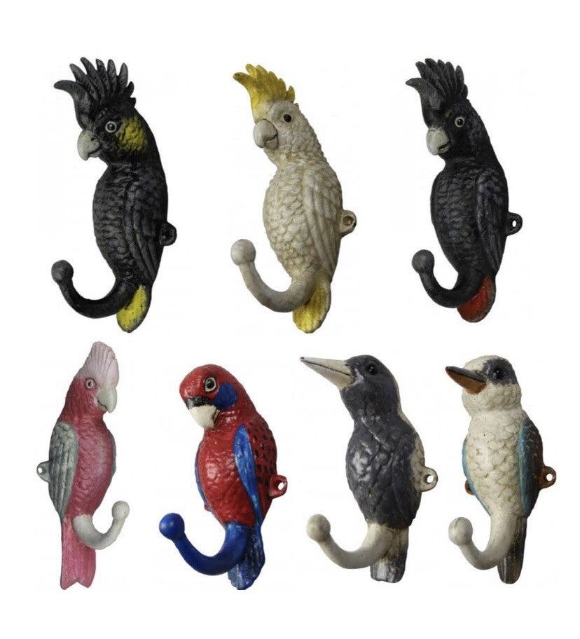Cast Iron Bird Hook Clothes Hanger - Cockatoo Galah Magpie Rosella Kookaburra