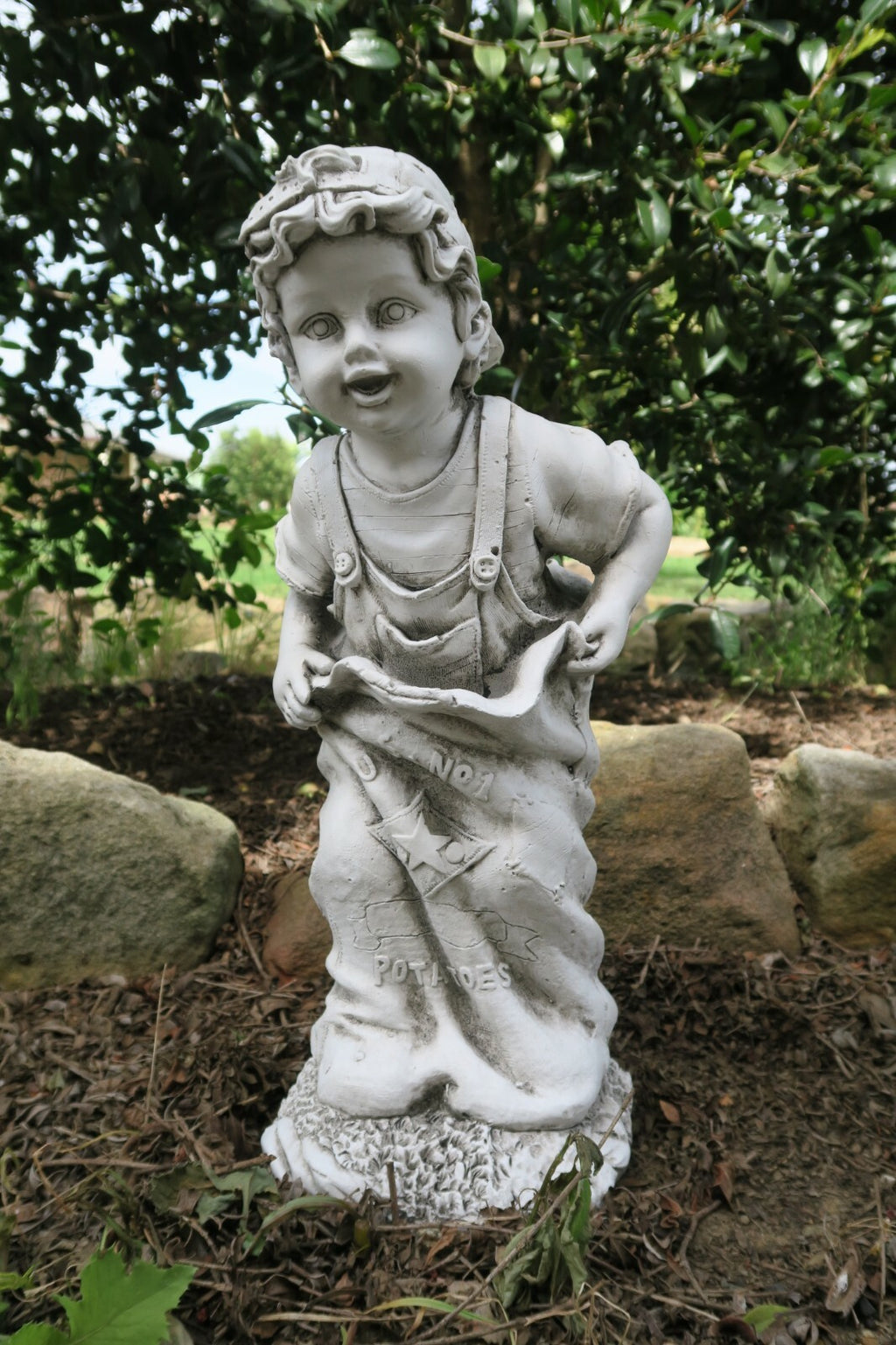 BOY IN A POTATO SACK WITH OVERALLS ON GARDEN STATUE ORNAMENT FIGURINE CHILDREN