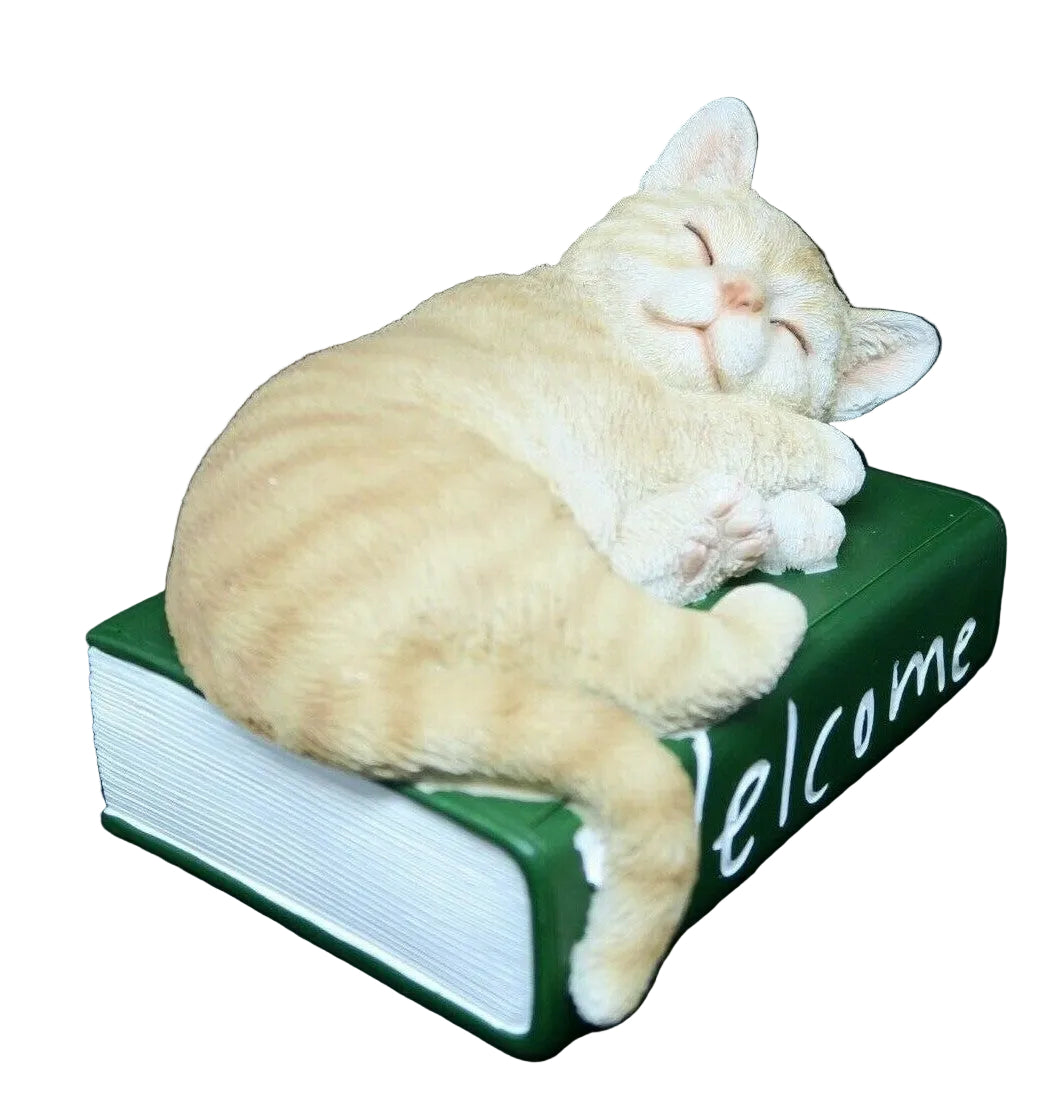 GINGER CAT KITTENS ASLEEP ON A GREEN BOOK ORNAMENT STATUE FIGURINE