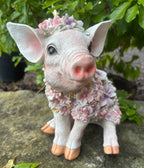 PIG WITH FLOWERS FARM ANIMAL GARDEN STATUE ORNAMENT FIGURINE SCULPTURE