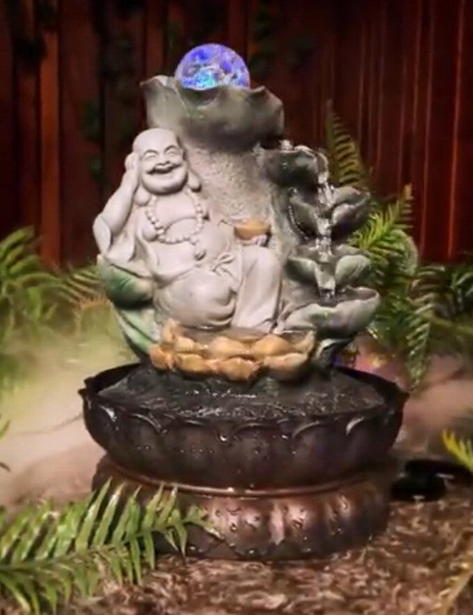 HAPPY BUDDHA  DRIFT WATER FEATURE FOUNTAIN INDOOR OUTDOOR BENCH TOP HOME DECOR