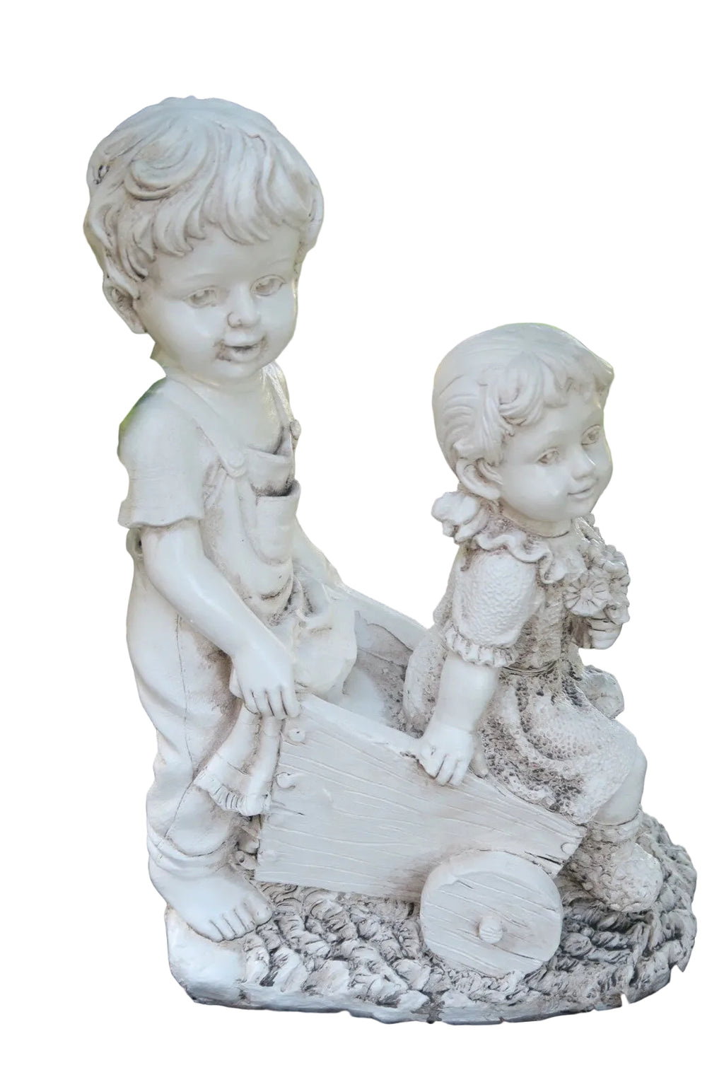 Boy Girl Statue In a Wheelbarrow Garden Figurine Sculpture Ornament Children