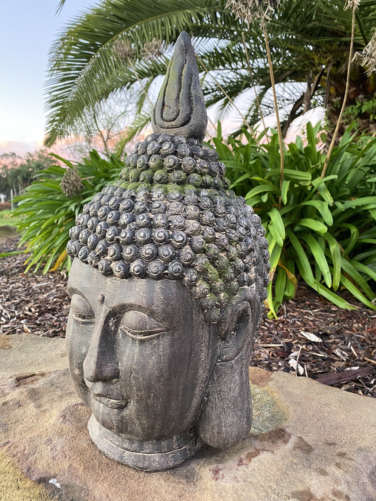 Antiqued Manjushri Buddha Head Statue Garden Ornament Sculpture 55cm