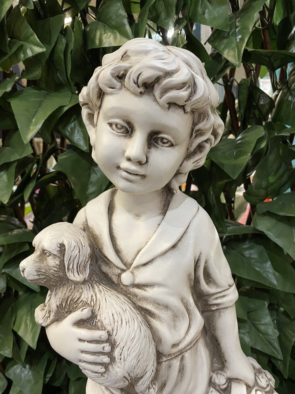 BOY STANDING HOLDING HIS PUPPY DOG GARDEN STATUE ORNAMENT FIGURINE