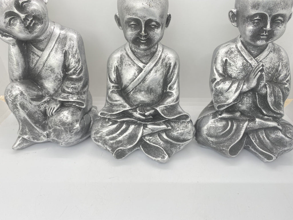 Monk Buddha Statue Sitting Ornaments Figurine Silver 18 cm high Set of 3