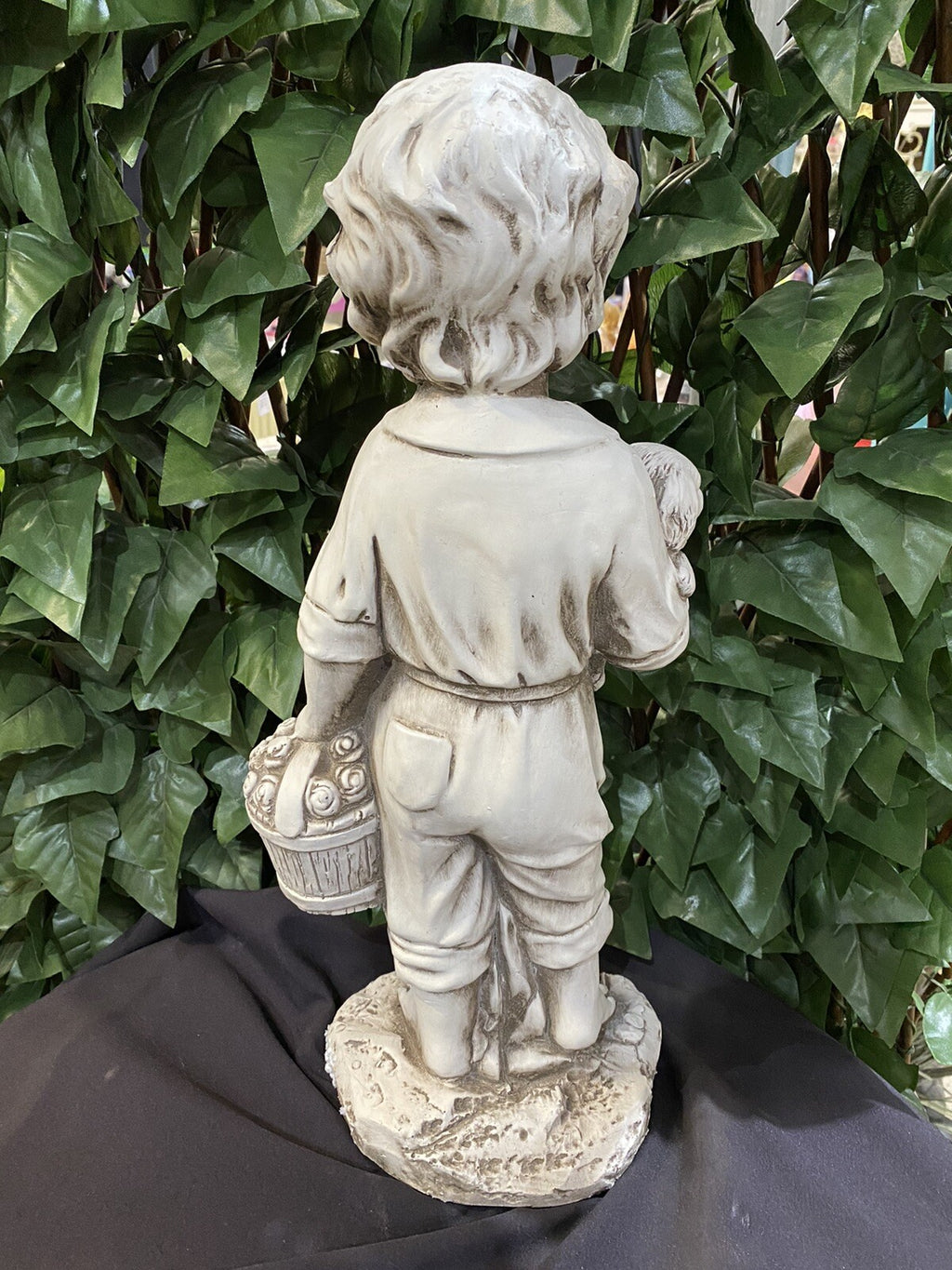 BOY STANDING HOLDING HIS PUPPY DOG GARDEN STATUE ORNAMENT FIGURINE