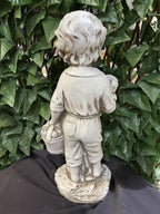 BOY STANDING HOLDING HIS PUPPY DOG GARDEN STATUE ORNAMENT FIGURINE