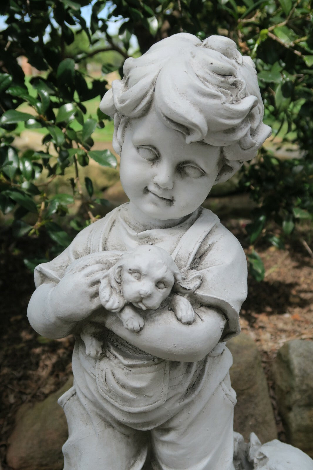 BOY STANDING WITH HIS TWO PUPPIES PUPPY DOG GARDEN STATUE ORNAMENT FIGURINE