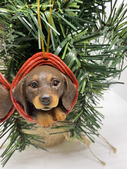 2 x Dachshund Sausage Dog Puppy Christmas Xmas Tree Decoration Statue Brown