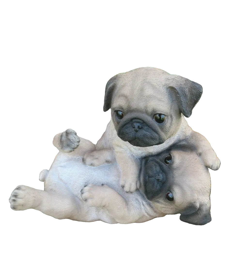 Pug Statue Puppies Playing Dog Doggy Memorial Ornament Home Decor Brown
