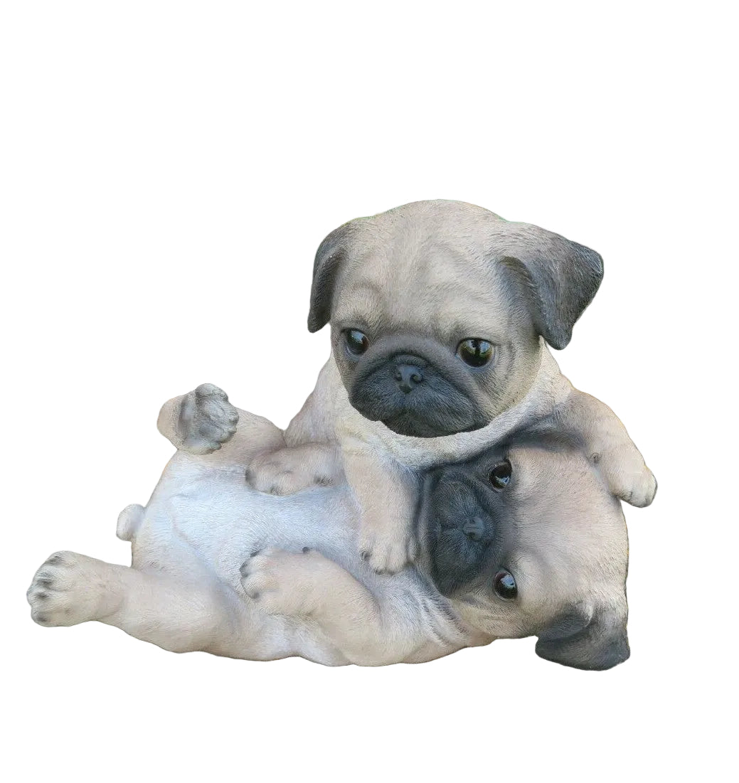 Pug Statue Puppies Playing Dog Doggy Memorial Ornament Home Decor Brown