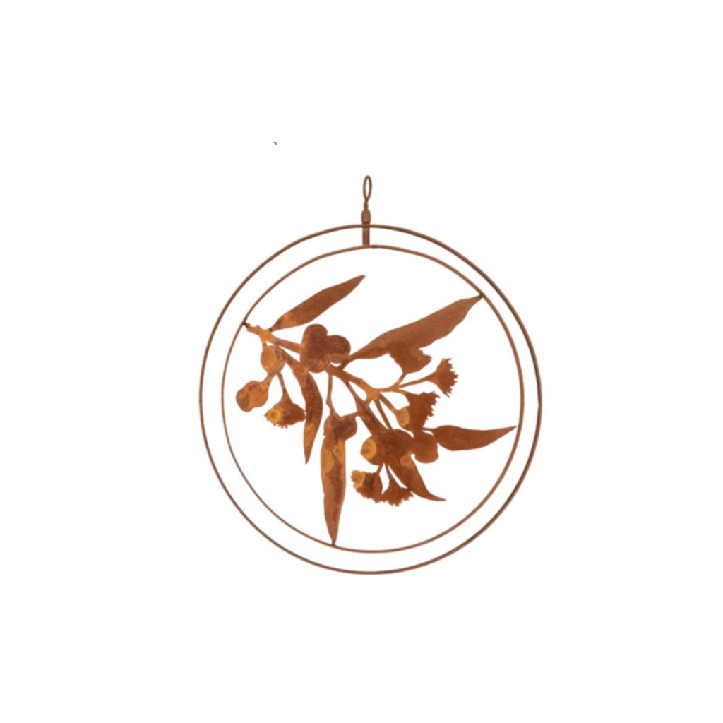 Gum Tree Branch Flowers Round Rust Corten Steel Metal Hanging Double Ring 34 cm