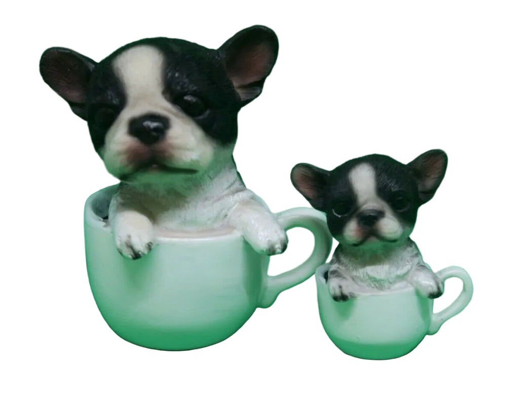 Boston Terrier Tea Cup Dog Puppy Ornament Statue Figurine Set of 2
