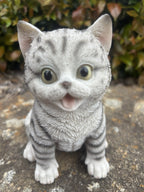 Resin Grey Tabby Cat Garden Statue | Sitting Cat Ornament