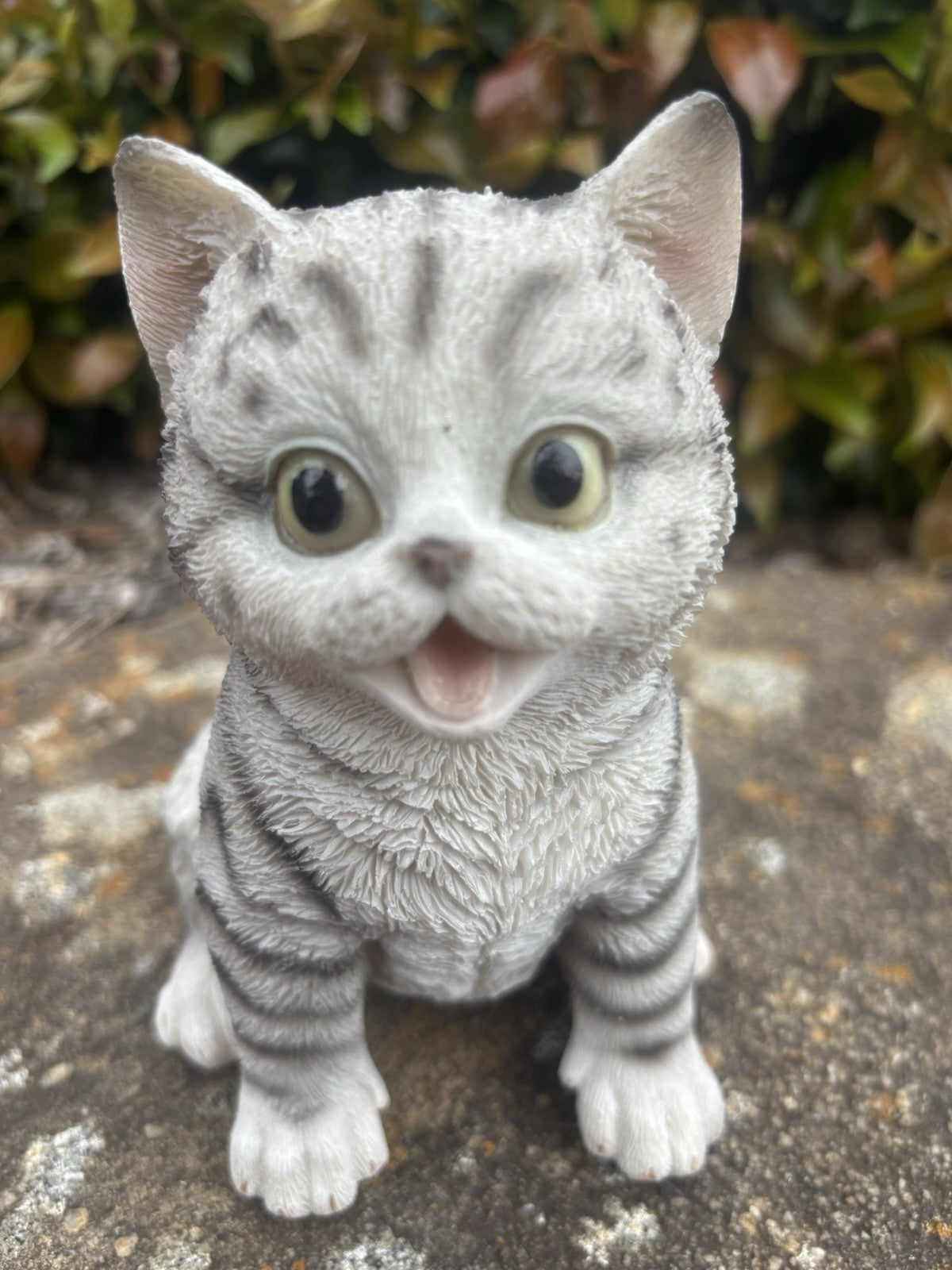 Resin Grey Tabby Cat Garden Statue | Sitting Cat Ornament