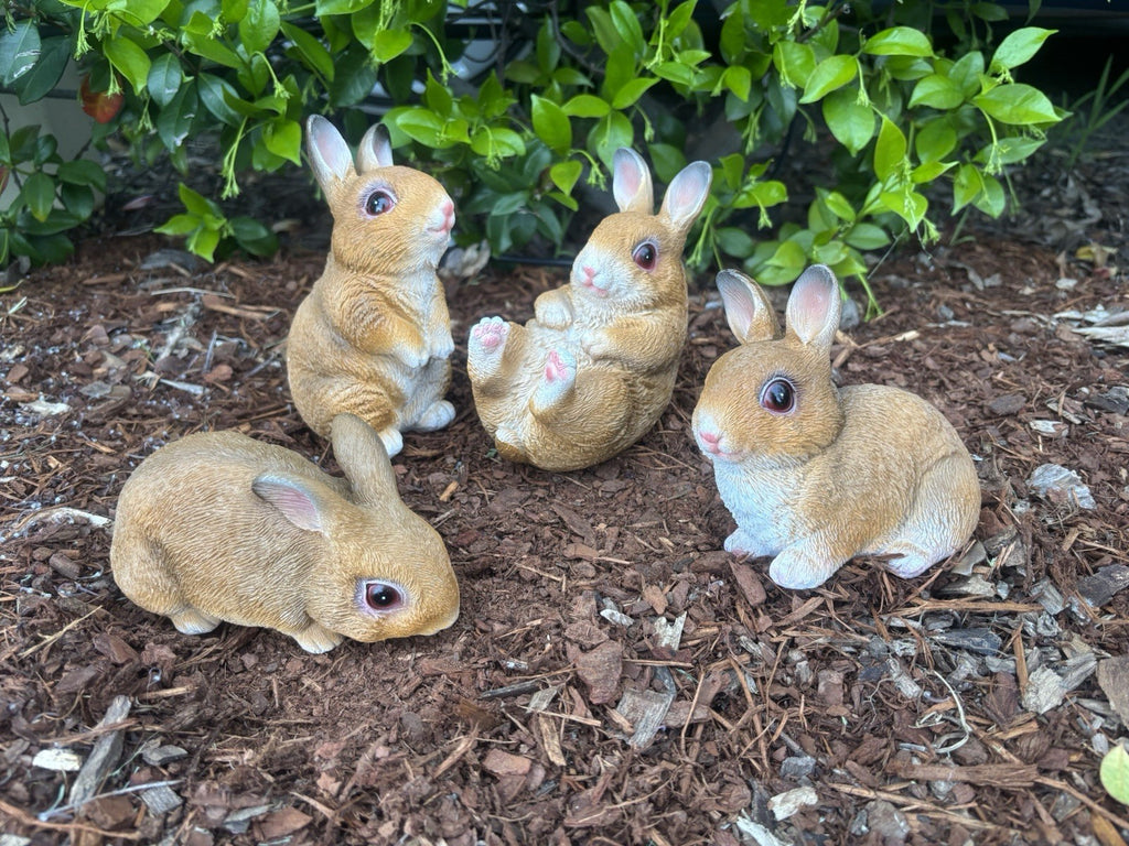 SET OF 4 RABBIT BUNNY ANIMAL GARDEN STATUE ORNAMENT FIGURINE BROWN WHITE