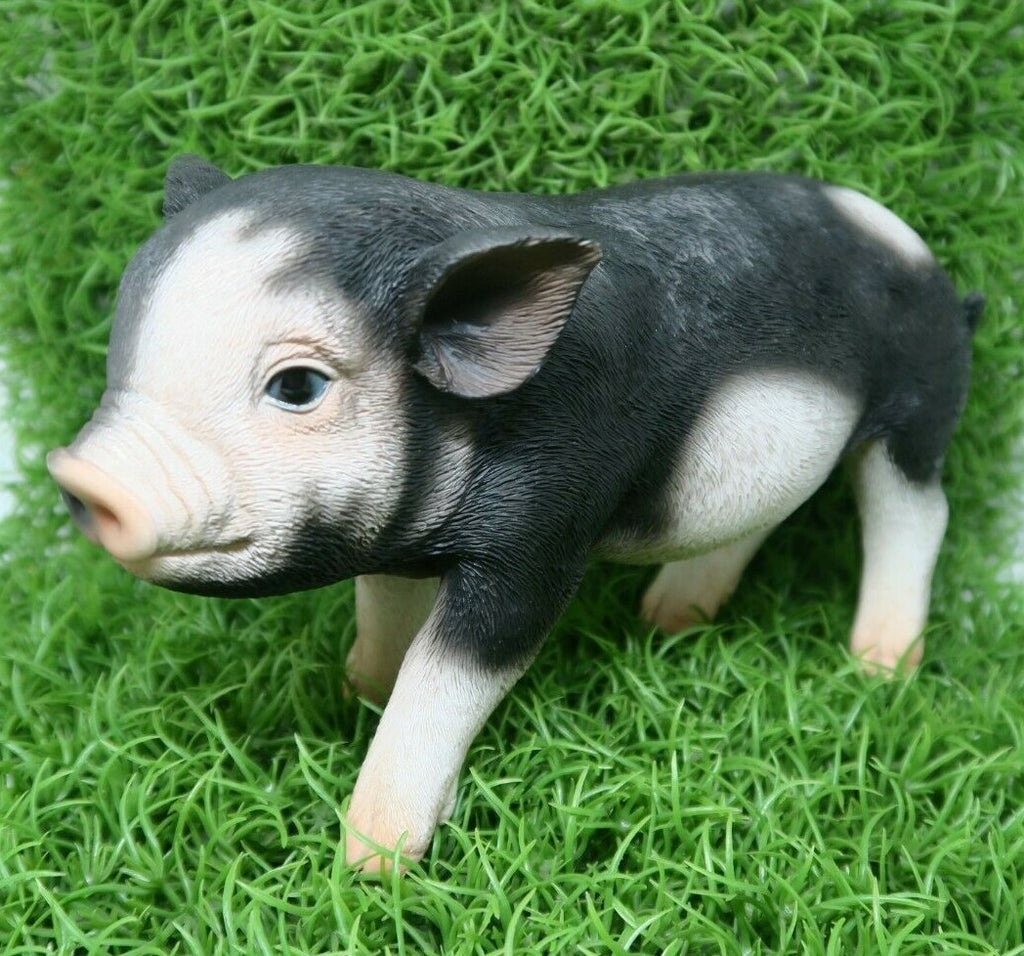 PIG STANDING MINI FARM ANIMAL GARDEN STATUE ORNAMENT FIGURINE BLACK AND WHITE