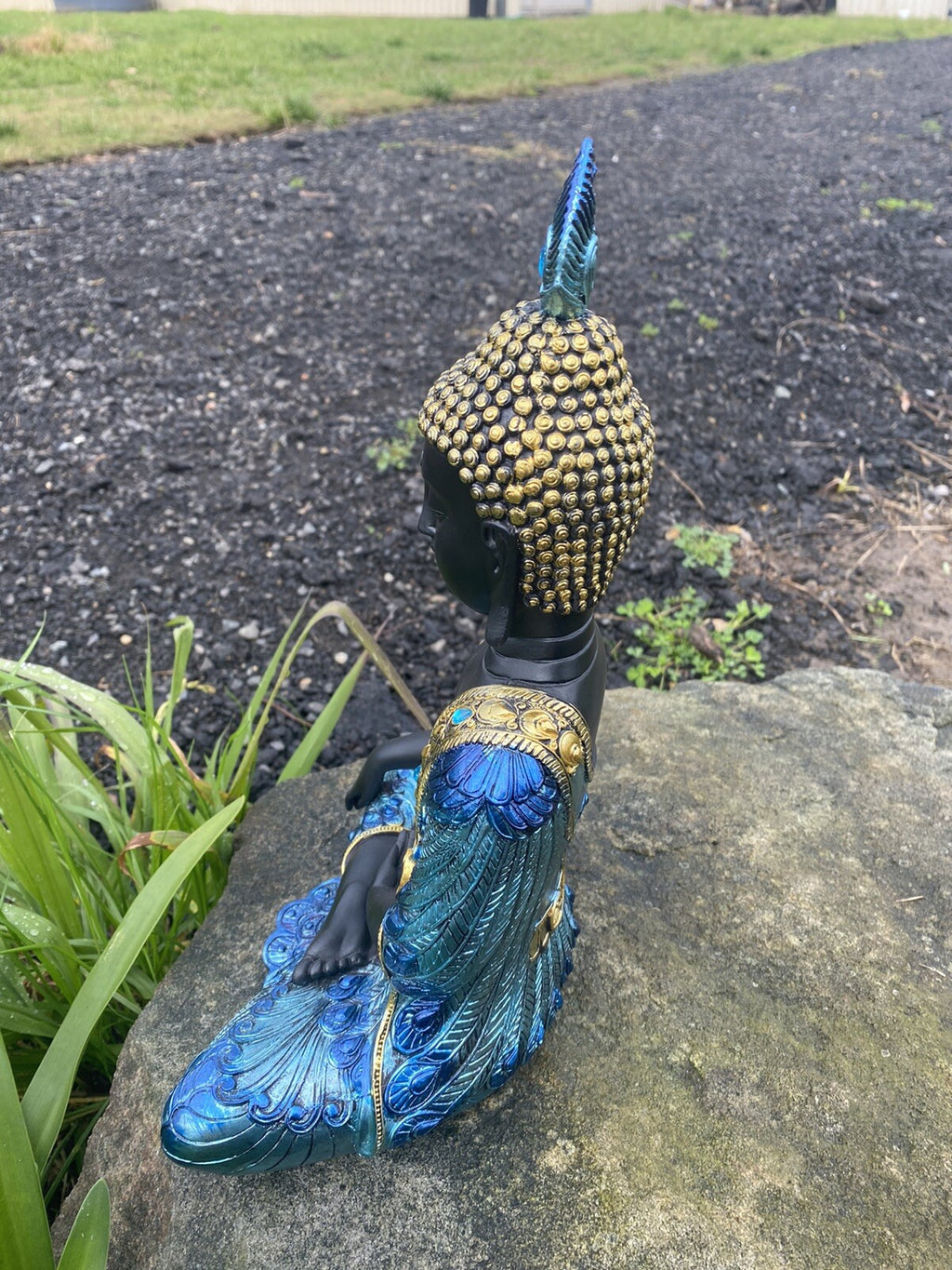 Meditating Thai Buddha In a Blue Peacock Statue Ornament Figurine Home Decor