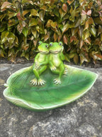 Frog Bird Feeder Fibre Clay Garden Ornament Green Leaf Outdoor Décor