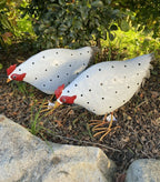 2 x Metal Spotted Hen Chicken White Statue Garden Ornament Décor Farm Animals