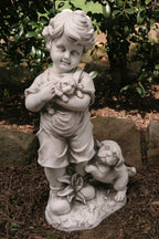 BOY STANDING WITH HIS TWO PUPPIES PUPPY DOG GARDEN STATUE ORNAMENT FIGURINE
