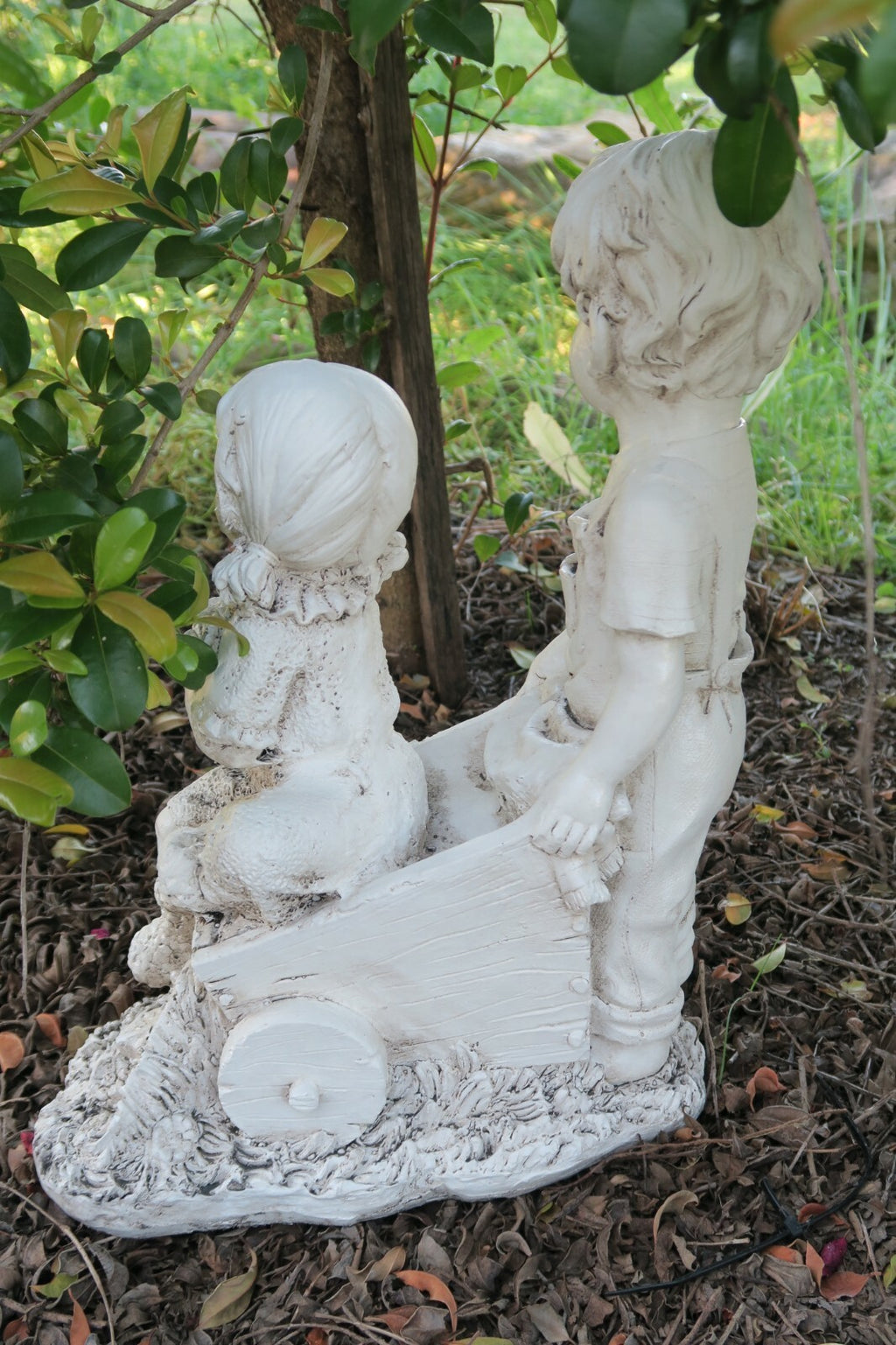 Boy Girl Statue In a Wheelbarrow Garden Figurine Sculpture Ornament Children