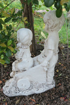 Boy Girl Statue In a Wheelbarrow Garden Figurine Sculpture Ornament Children