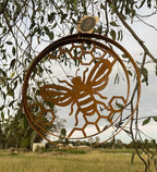 Bee on Honeycomb Hive Round Rust Corten Steel Metal Hanging Double Ring 34cm
