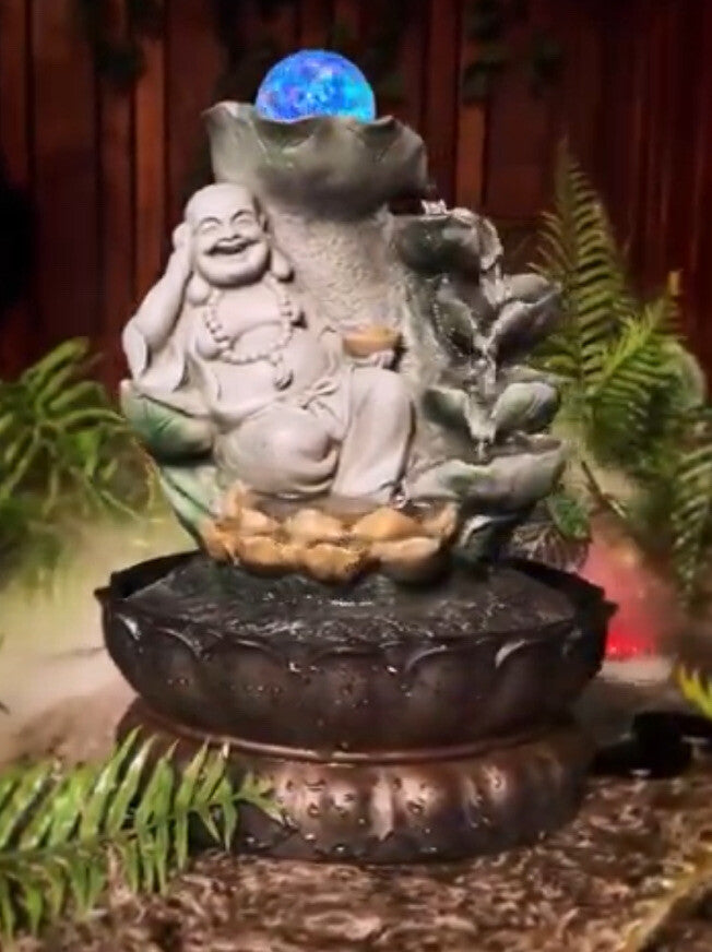 HAPPY BUDDHA  DRIFT WATER FEATURE FOUNTAIN INDOOR OUTDOOR BENCH TOP HOME DECOR