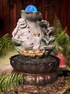 HAPPY BUDDHA  DRIFT WATER FEATURE FOUNTAIN INDOOR OUTDOOR BENCH TOP HOME DECOR