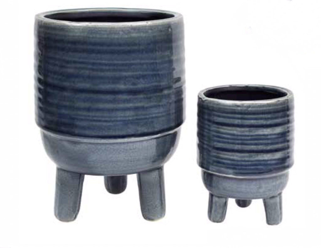 Glazed Ceramic Footed Pots Pot Set of 2 Round Indoor Plant Succulent Smokey Blue