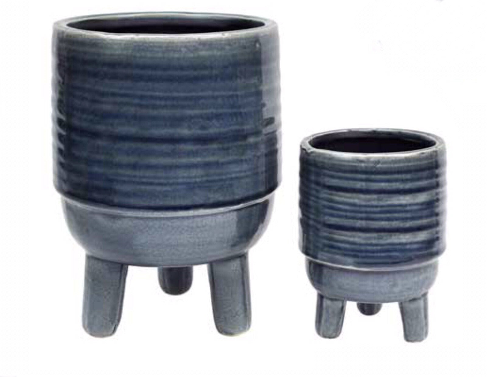 Glazed Ceramic Footed Pots Pot Set of 2 Round Indoor Plant Succulent Smokey Blue