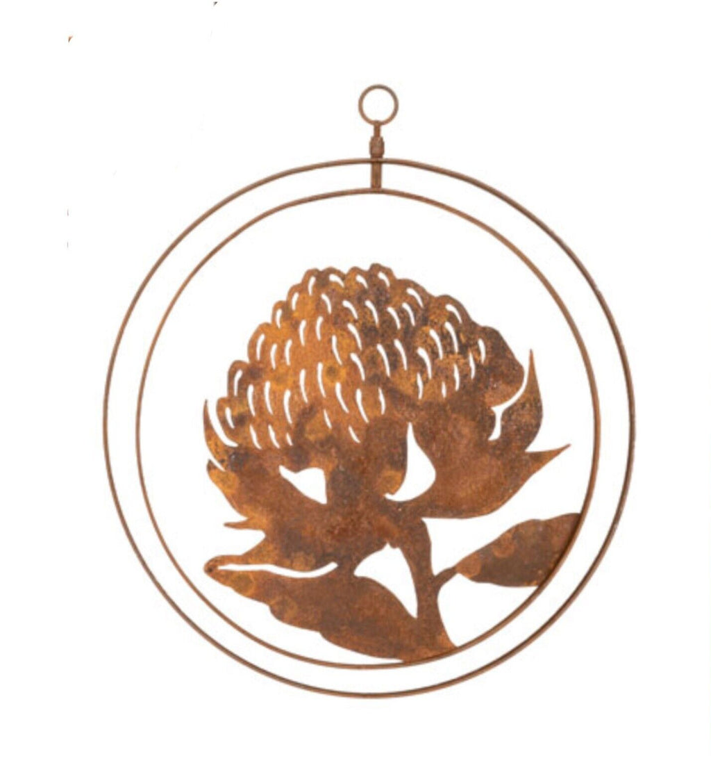 Australian Waratah Flower Round Rust Corten Steel Metal Hanging Double Ring 34cm