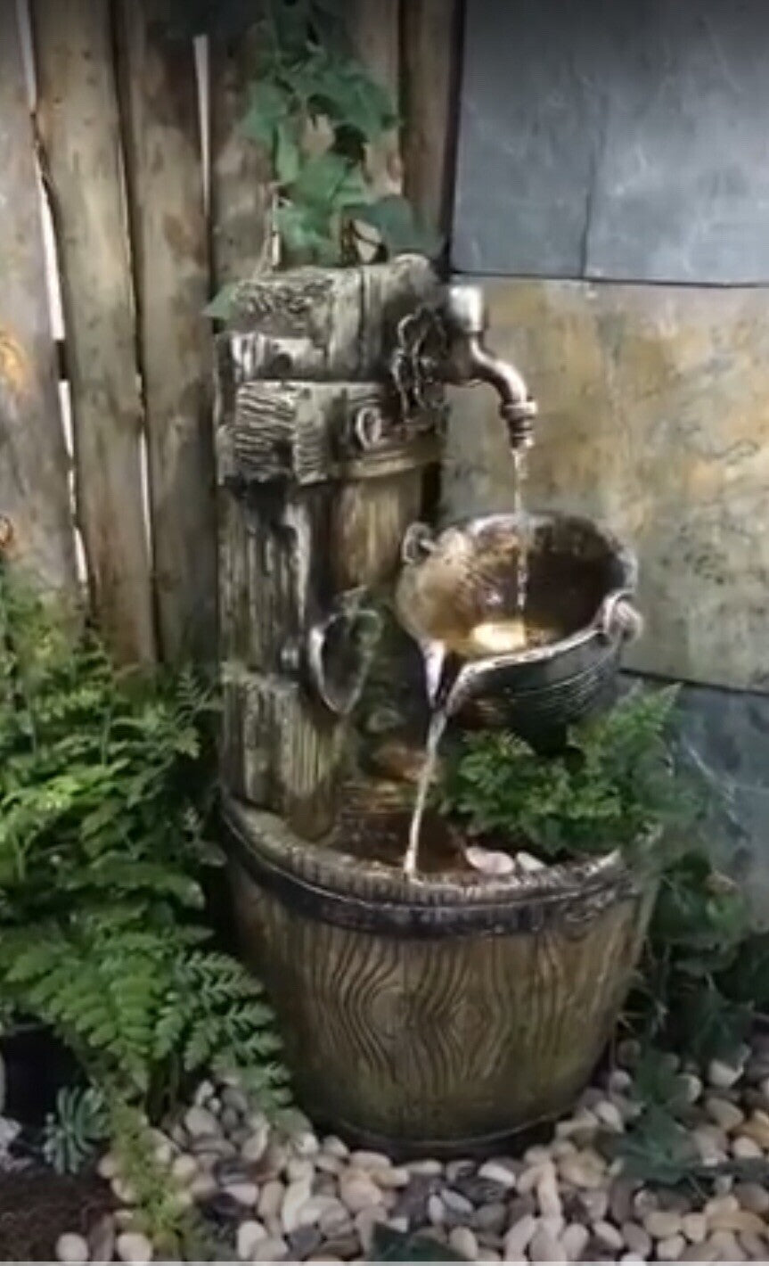COURTYARD TAP BUCKET WATER FEATURE FOUNTAIN INDOOR OUTDOOR BENCH TOP HOME DECOR